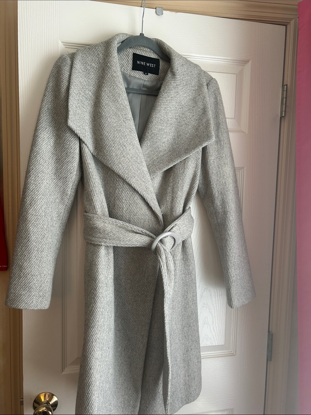 Nine West Light Gray Wrap Trench Coat with Shawl Collar